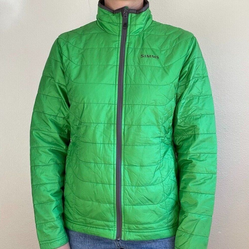 Simms Mens Bright Green Puffer Quilted Fishing Lightweight Full Zip Jacket Sz M